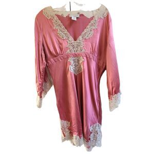 Vintage Newport News 100% Silk Sz 12 MEDIUM  Long Sleeve Rose Pink Top Lace Trim